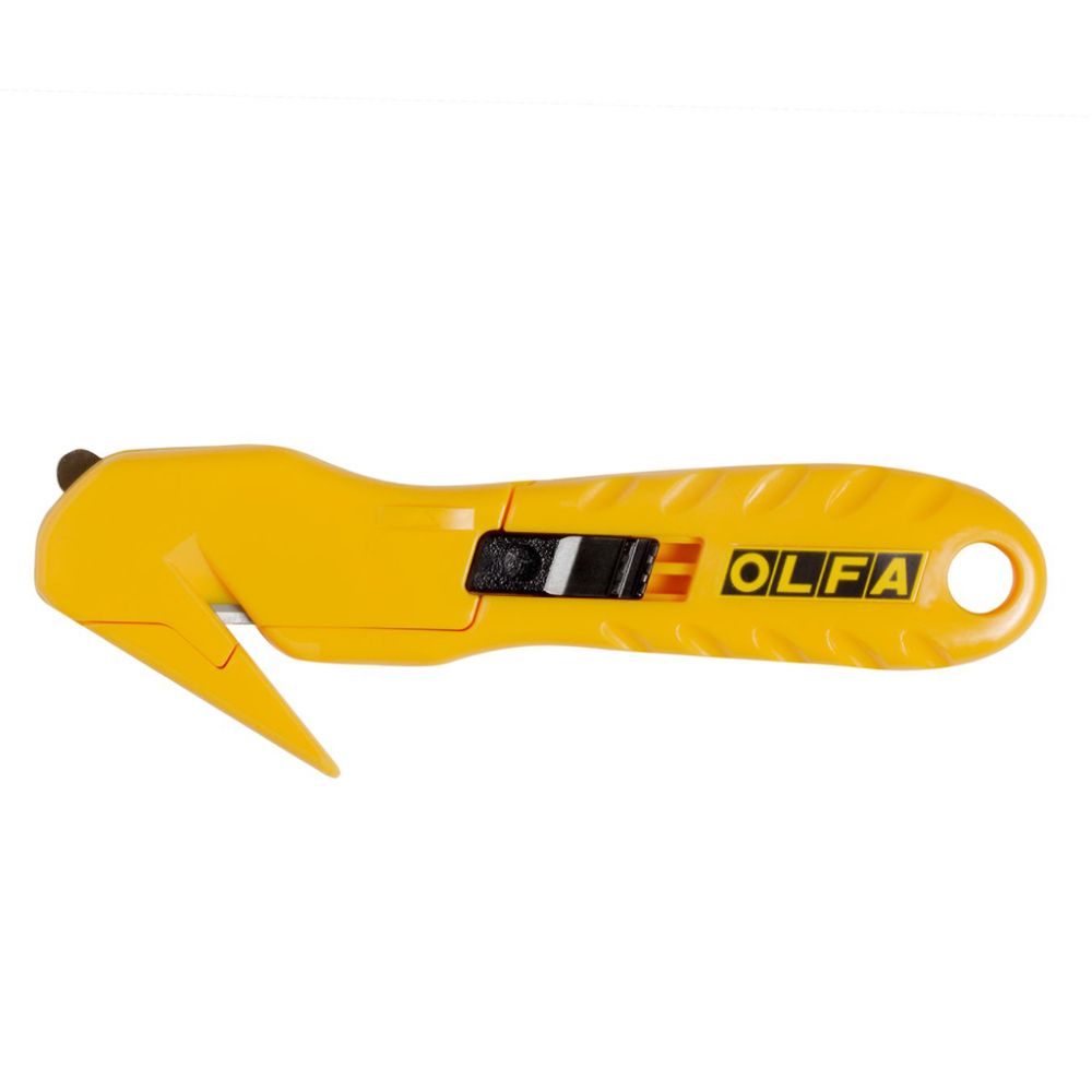 Close up of hand using an OLFA safety knife to slice clear packing tape on a cardboard box