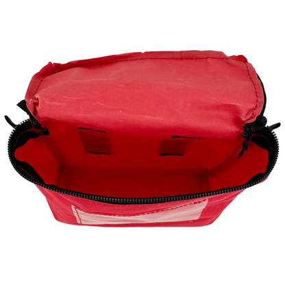 Small red first aid pouch open top view showing red interior compartment
