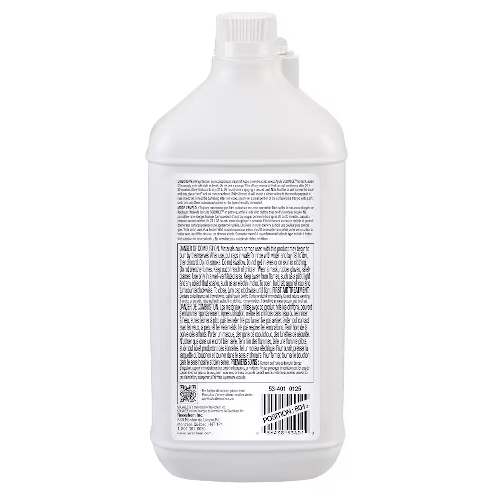Back label of Solvable Boiled Linseed Oil showing directions and spontaneous combustion warning for oil-soaked rags