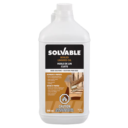 Solvable Boiled Linseed Oil 946 mL bottle, wood refinishing solution, front label