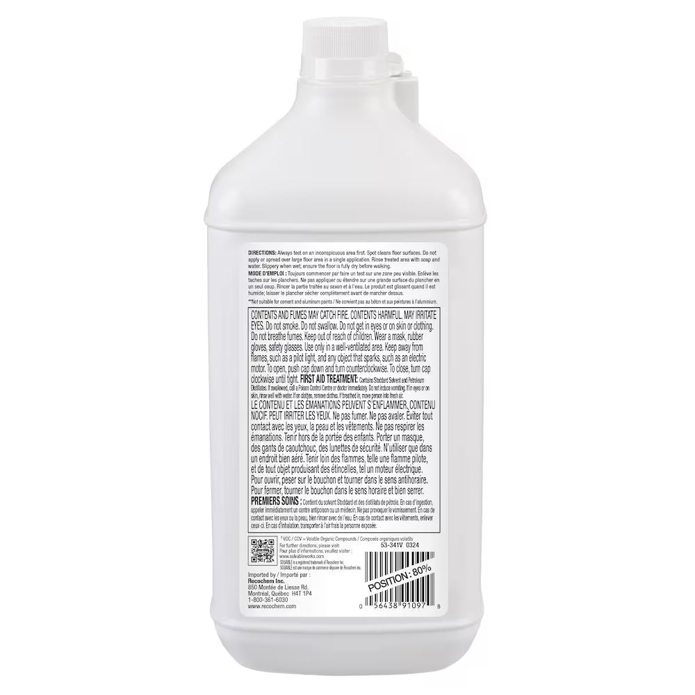 Back label of Solvable Mineral Spirits Substitute showing usage directions and safety warnings