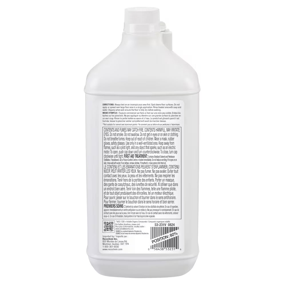 Back label of Solvable Paint Cleaner & Thinner, 946 mL, showing directions, warnings, and first aid treatment information