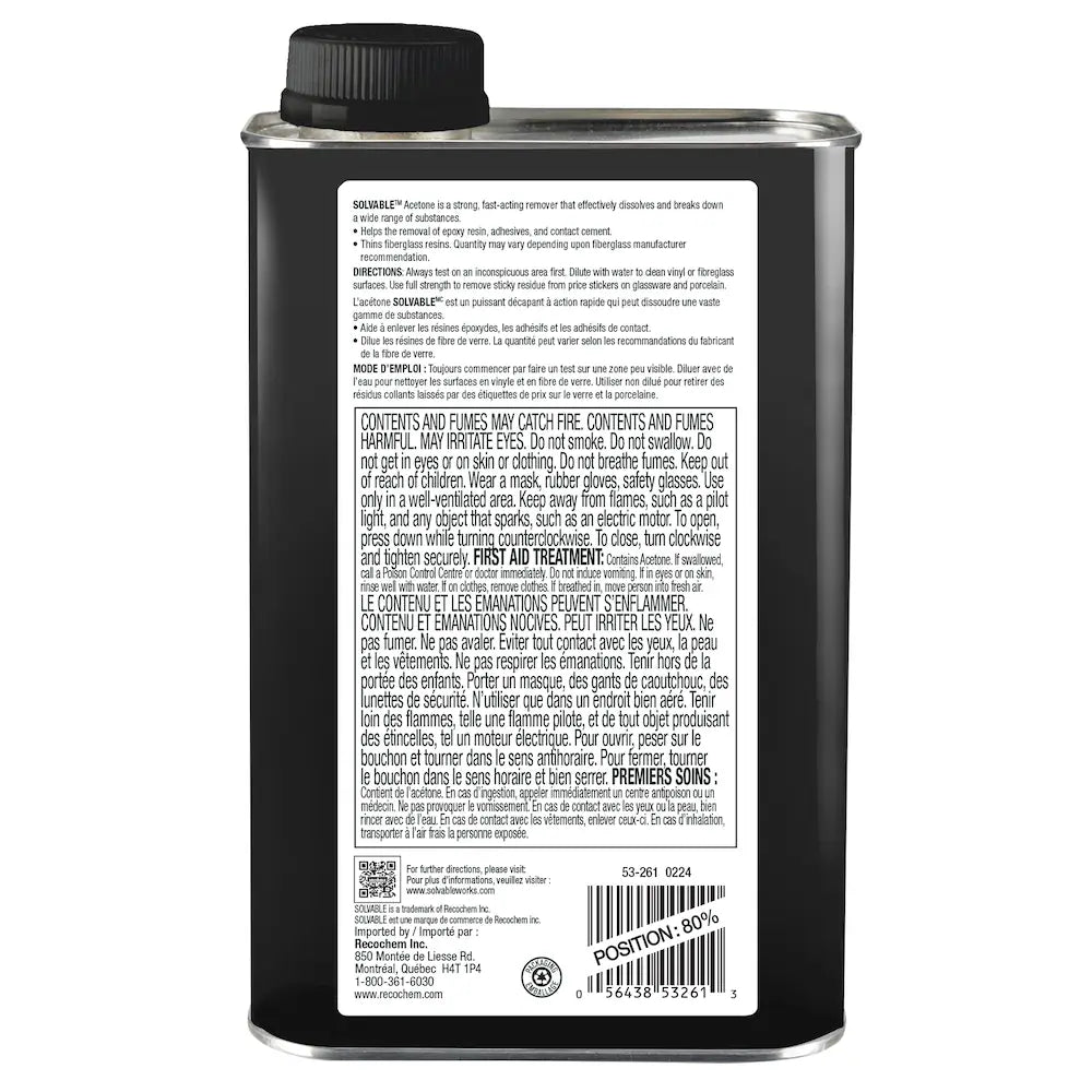 Back label of Solvable Pro Acetone showing usage directions, safety warnings, and first aid instructions