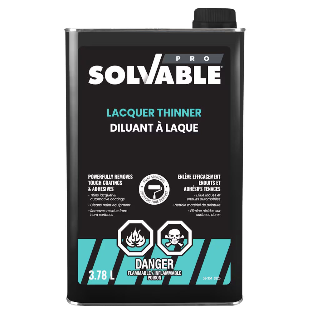 Solvable Pro Lacquer Thinner 3.78 L can, front label with danger flammable poison warning