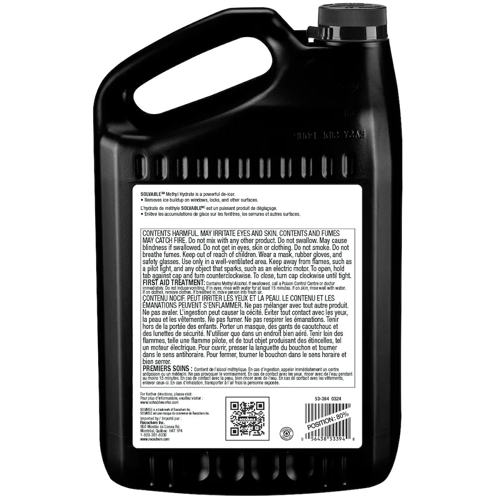 Back label of Solvable Pro Methyl Hydrate showing de-icing use, safety warnings, and first aid instructions