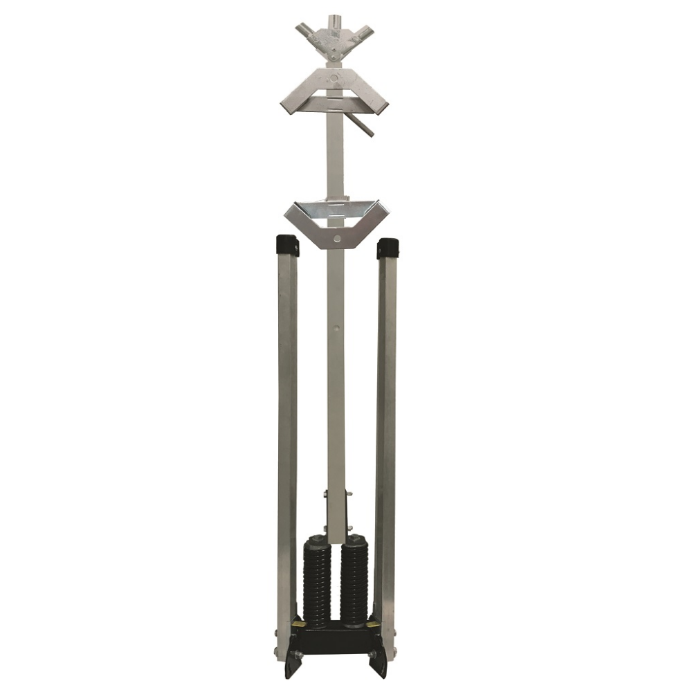 The Leo SS420A stand in its fully retracted and collapsed position, showing the mast and telescoping legs ready for storage.