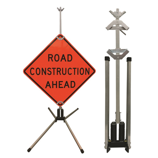 Comparison view showing the SS420A stand both fully deployed with a construction sign and collapsed for transport.