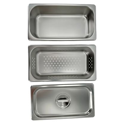 Three LEO L-12455 stainless steel sterilizer instrument trays neatly stacked together to demonstrate efficient medical storage capability.