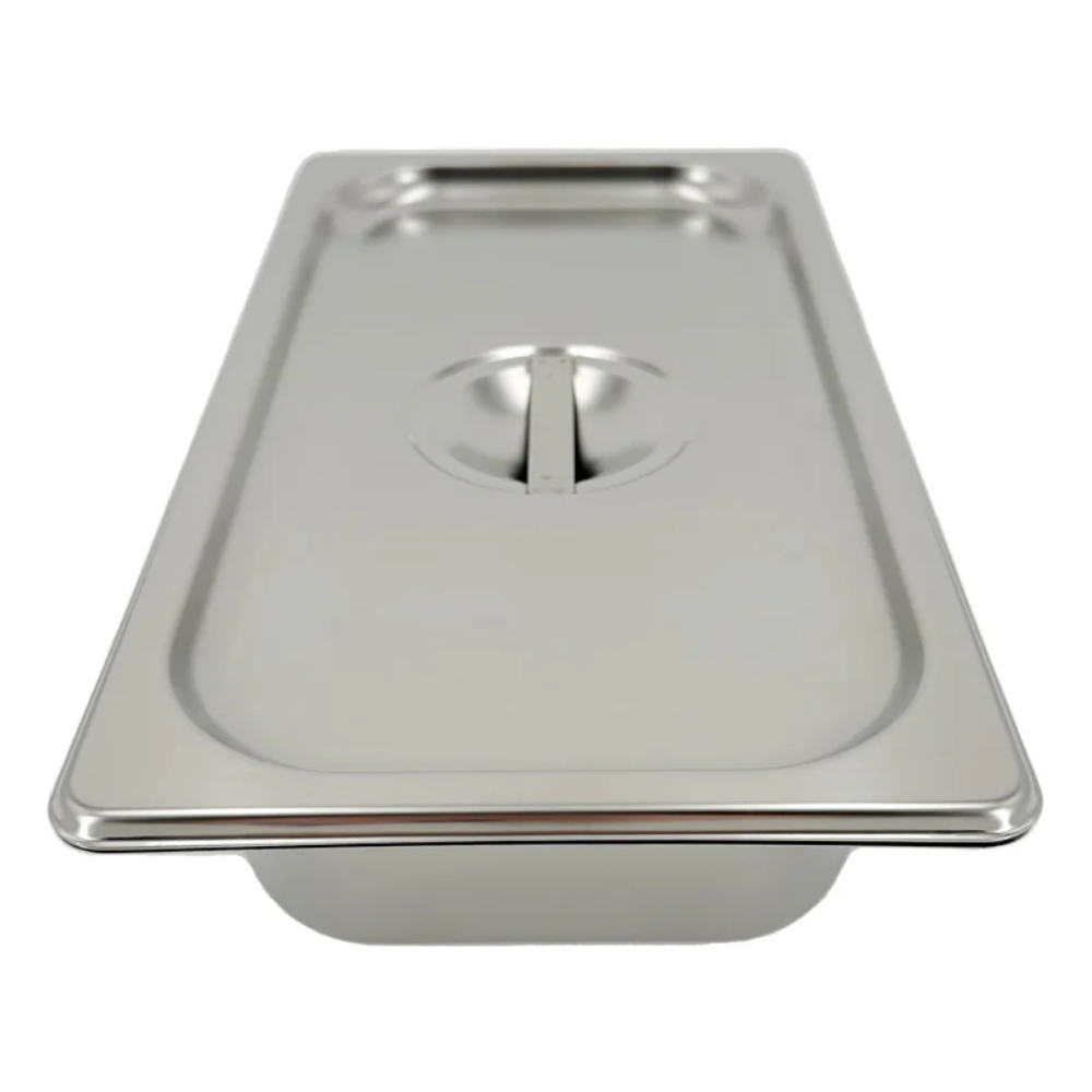 Reverse underside view of the LEO stainless steel instrument tray, showing the smooth bottom surface and flat flanged rim.