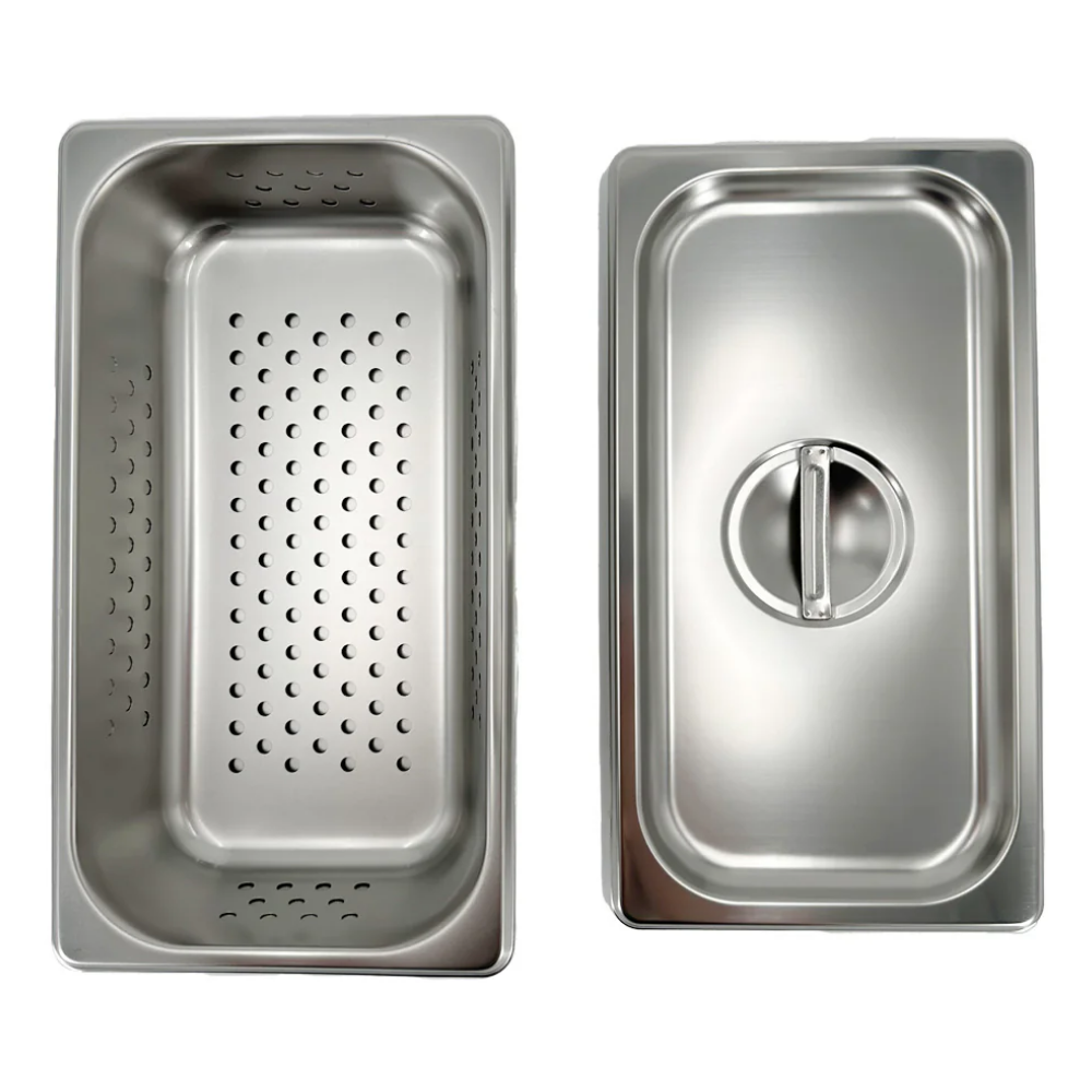 Detailed side view highlighting the clean lines and reflective satin finish of the LEO medical-grade instrument container.