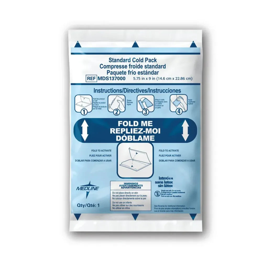 Front view of a Medline standard instant cold pack featuring fold-to-activate instructions in English, French, and Spanish.