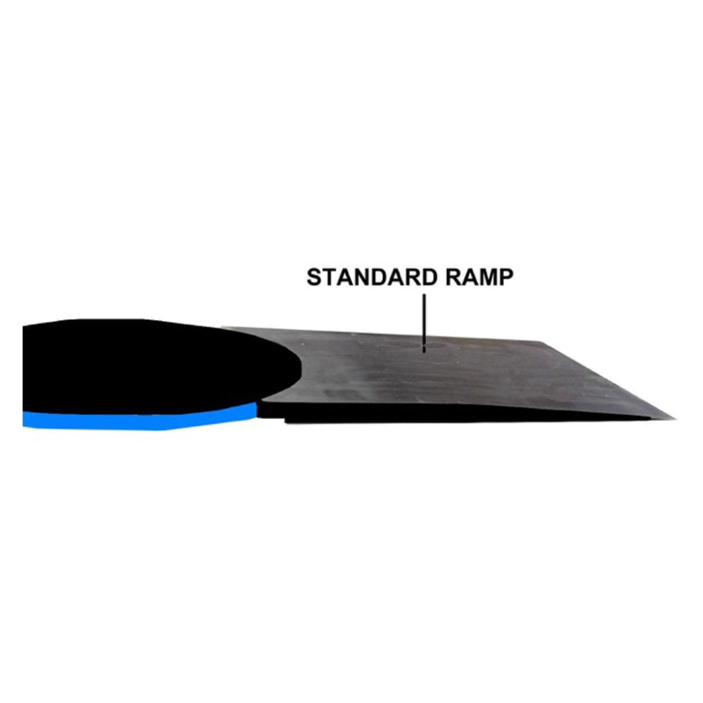 A side-profile view of a heavy-duty black steel standard loading ramp attached to a low-profile pallet wrapper turntable, labeled as standard ramp.