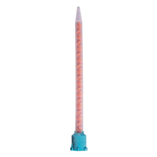 Static mix nozzle part 1034575 with an orange helical element, a blue base, and a stepped tip for 50ml B-System and S-System 10:1 dual cartridges.