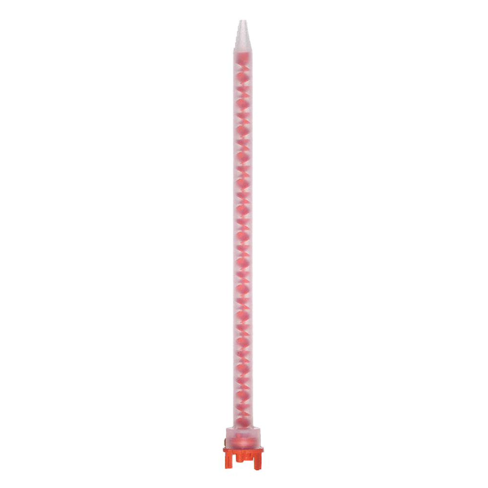 Static mix nozzle part 1084092 with red helical elements, an orange base, and a stepped tip for 490ml F-System 10:1 dual cartridges.