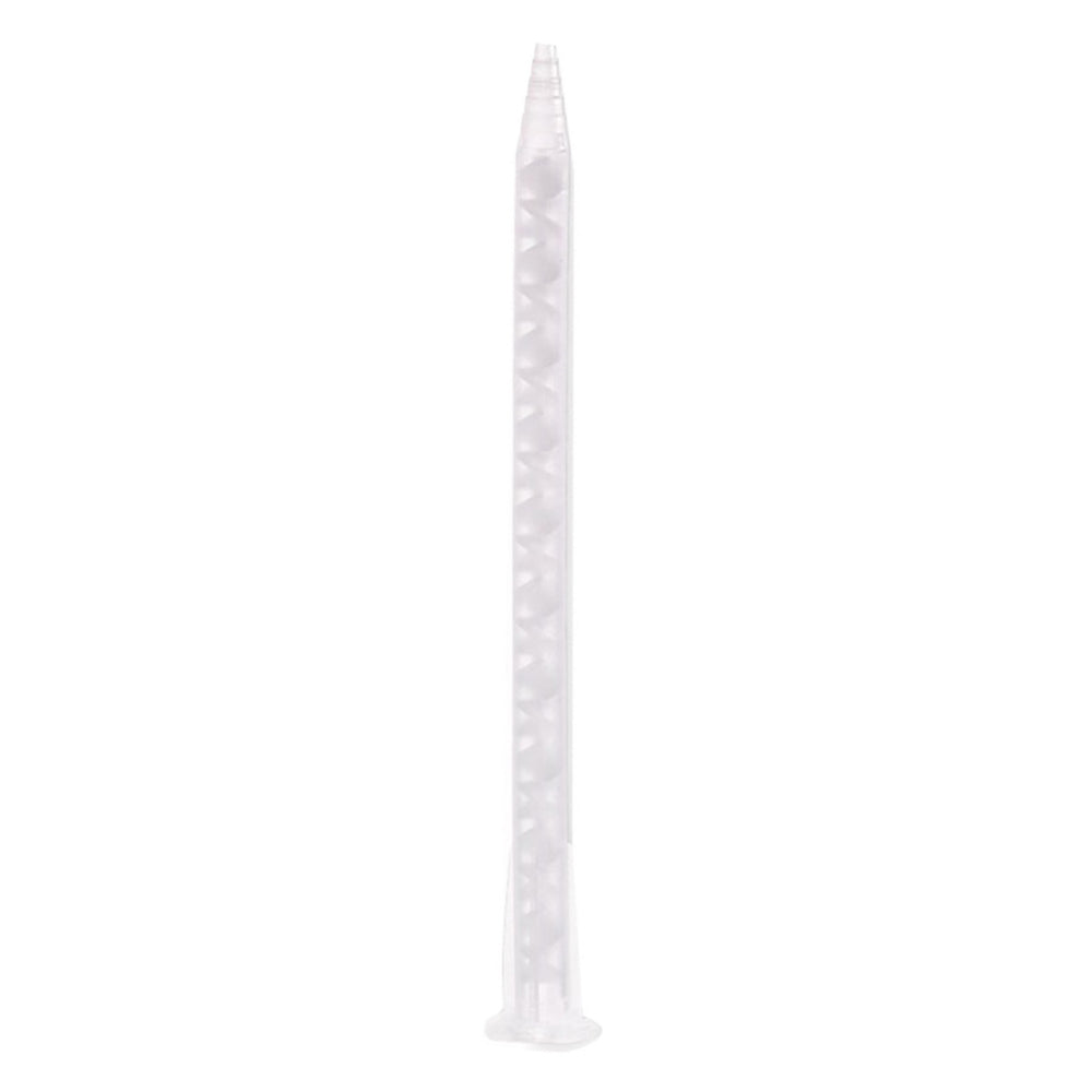 Clear static mix nozzle part 98623 with a stepped tip and white helical elements for 50ml A-System 1:1, 2:1, and 4:1 dual cartridges.