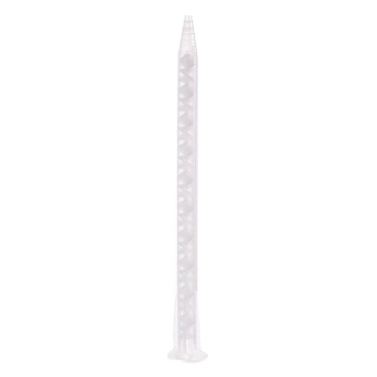 Clear static mix nozzle part 98623 with a stepped tip and white helical elements for 50ml A-System 1:1, 2:1, and 4:1 dual cartridges.