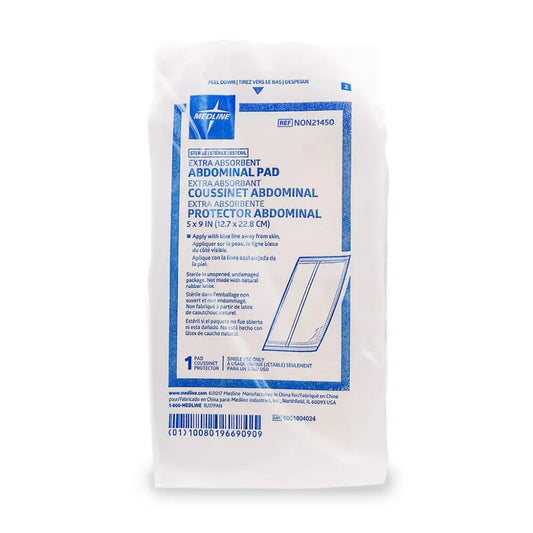 Individually wrapped Sterile Abdominal Pad measuring 5" x 9" (12.7cm x 22.8cm), featuring a moisture-resistant barrier and ultra-absorbent inner core.