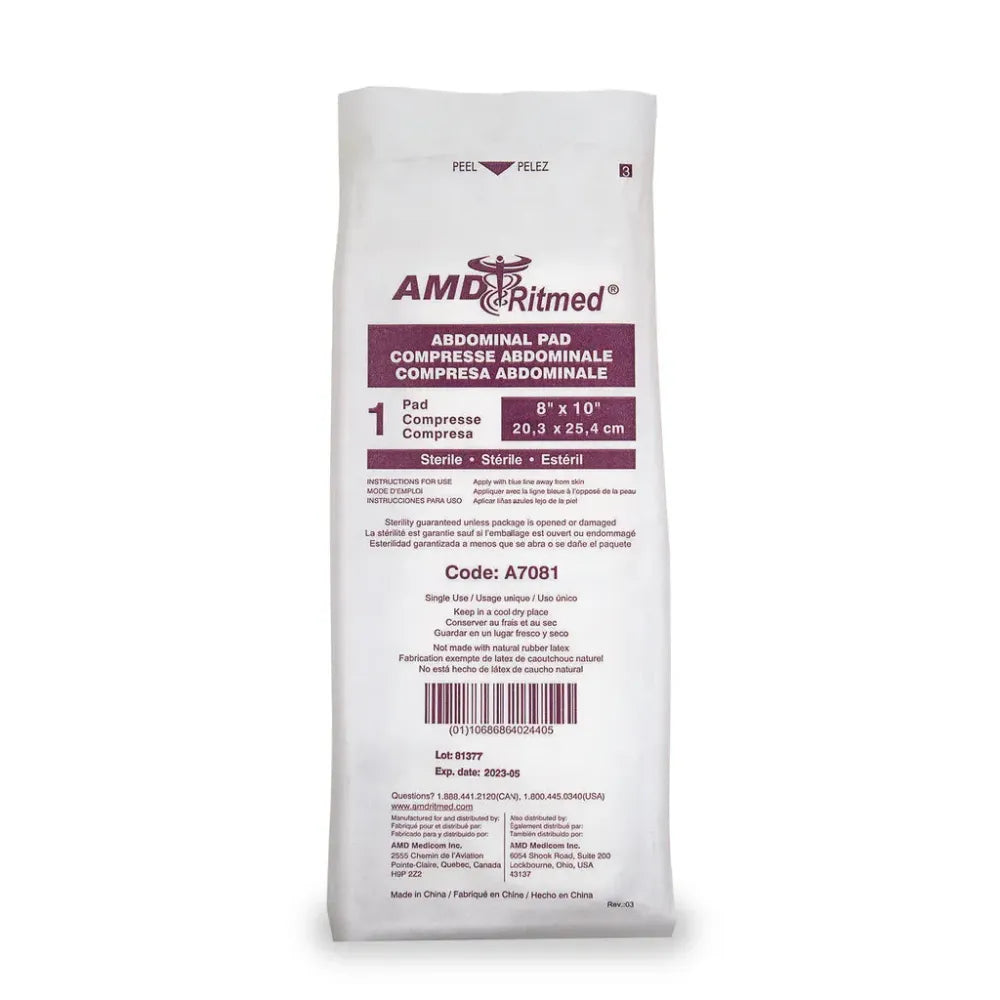 Individually wrapped Sterile Abdominal Pad measuring 8" x 10" (20cm x 25cm), designed with a moisture-resistant barrier for heavy-drainage wound care