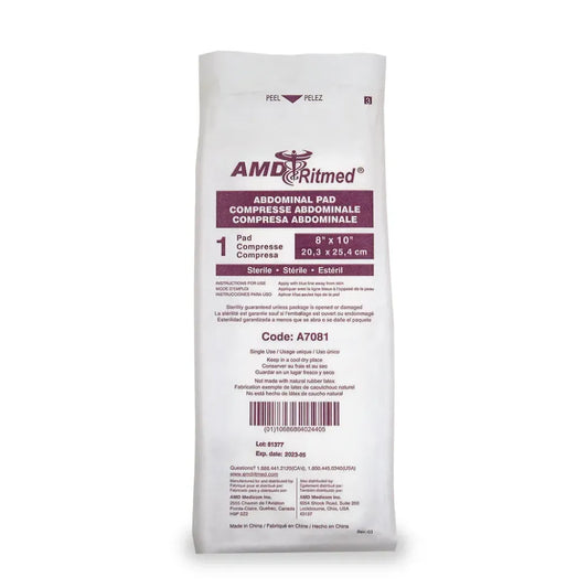 Individually wrapped Sterile Abdominal Pad measuring 8" x 10" (20cm x 25cm), designed with a moisture-resistant barrier for heavy-drainage wound care