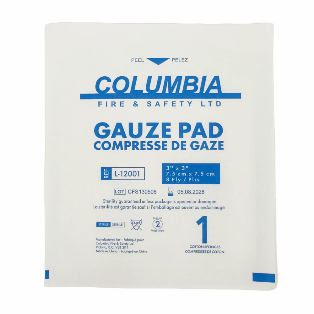 Close-up of a single sterile 3x3 inch Columbia gauze pad individual peel-to-open packet