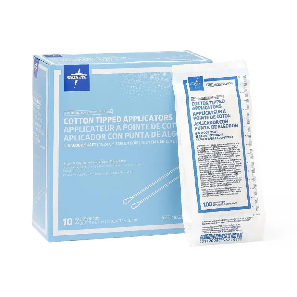 A package of 100 Cotton Tip Applicators (FSCTIP100) featuring single-ended cotton buds on 6-inch wooden shafts for medical use.