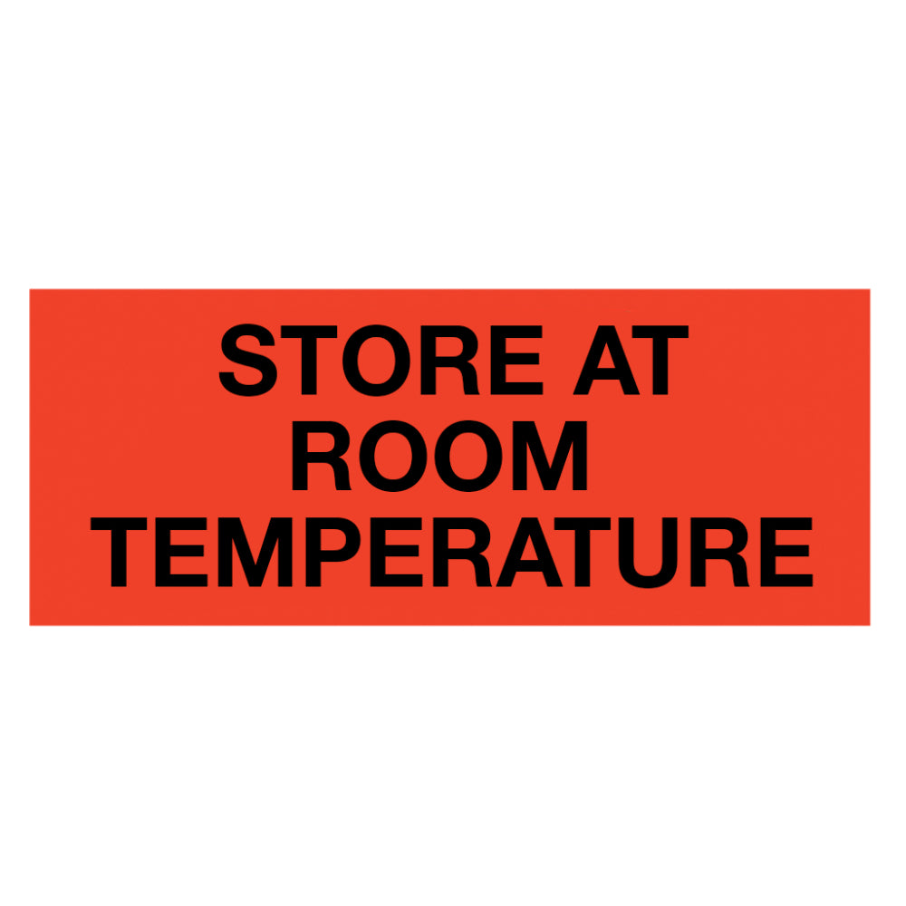 A single rectangular shipping label with a vibrant neon red background and bold black text reading STORE AT ROOM TEMPERATURE