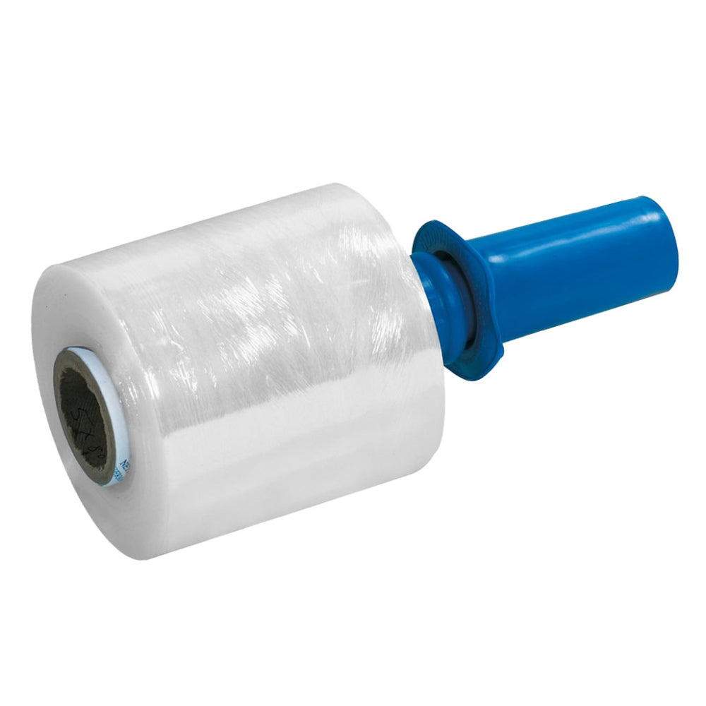 A single roll of clear plastic bundling stretch film wrap with an attached blue plastic insertion handle isolated on a white background