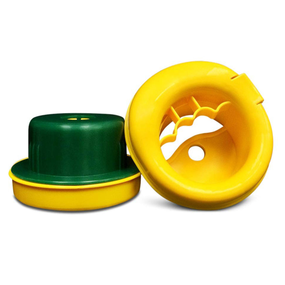 A two-pack of green and yellow plastic hand saver inserts for stretch film dispensers, showing both the top and hollow interior views.