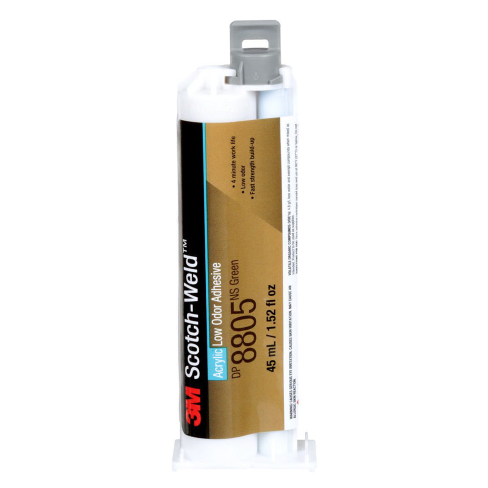 Scotch-Weld™ DP8805NS low odour acrylic structural adhesive in a 45ML Duo-Pak cartridge with green non-sag formula for industrial bonding applications.