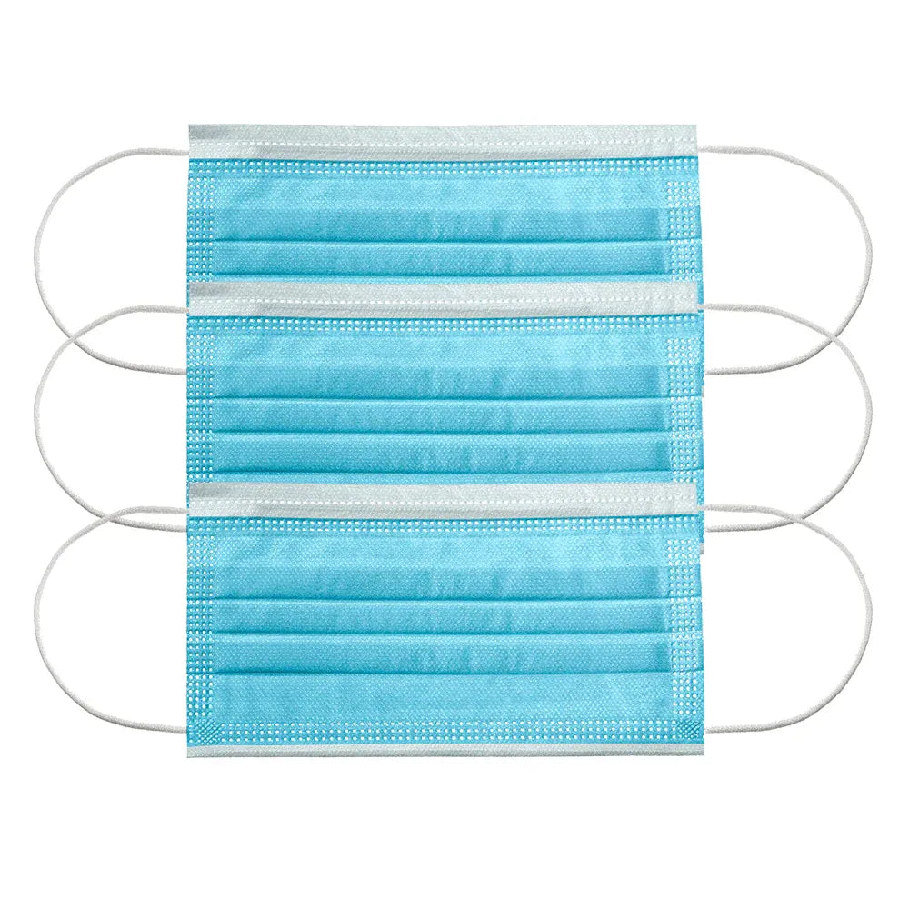 Three-pack of blue 3-ply surgical face masks with elastic earloops