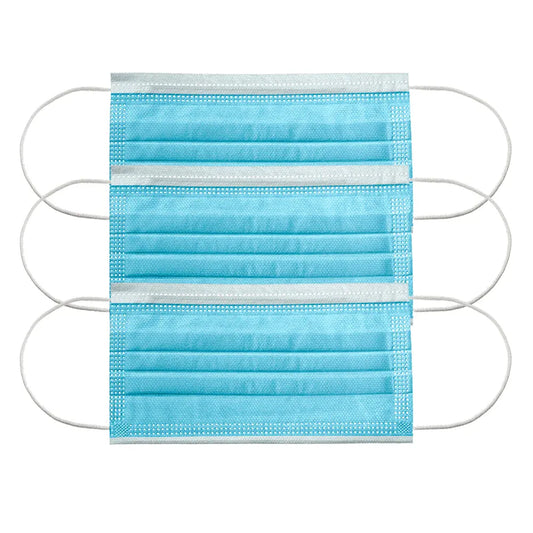 Three-pack of blue 3-ply surgical face masks with elastic earloops