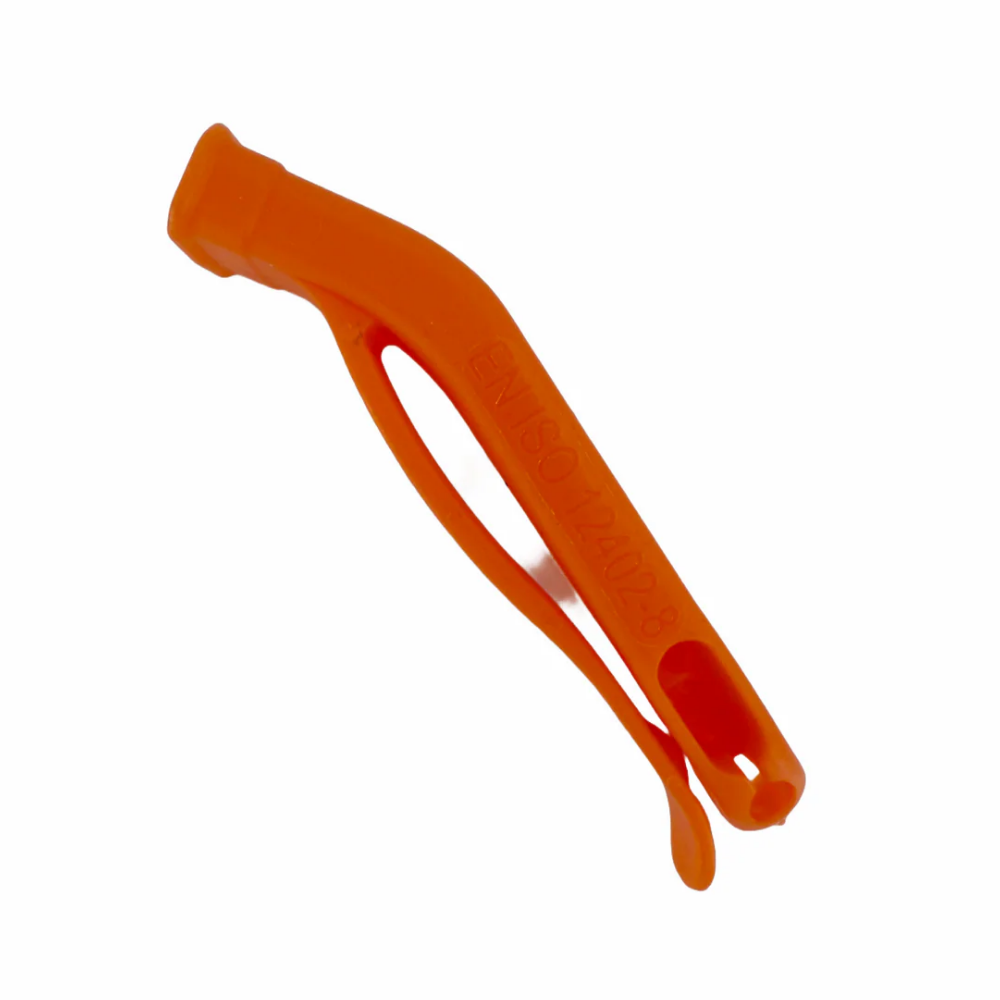 The reverse side of the LEO D-773 whistle showing the smooth, lightweight plastic construction designed for professional safety use.