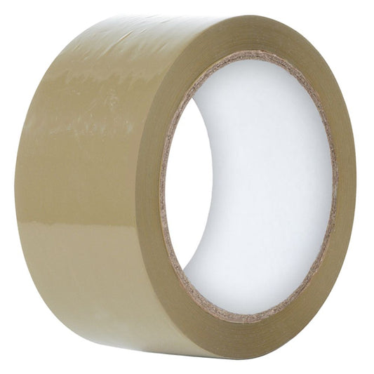Roll of PVC06 tan PVC packaging tape, 48mm wide, showing its smooth semi-gloss tan surface and a clean white inner core against a plain white background.
