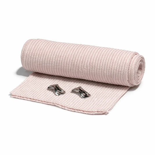 Roll of 6-inch pink elastic tensor bandage shown with two silver metal closure clips for adjustable compression and secure muscle or joint support.