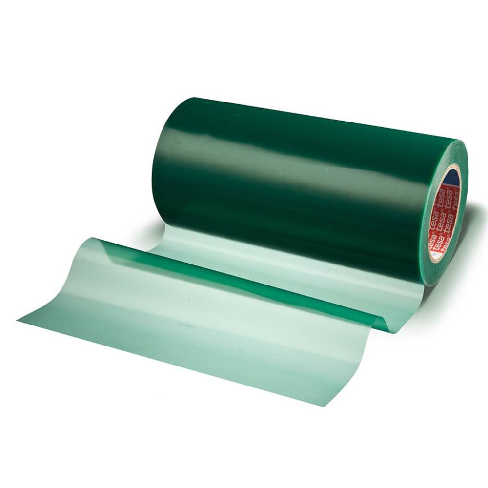 Close-up of translucent green surface protection tape showing the core and high-clarity polyethylene film backing.