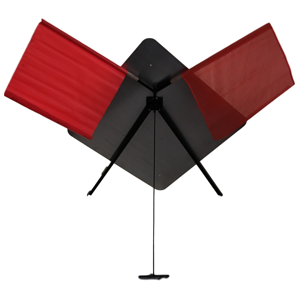 Rear view of a deployed folding tri-pod sign stand supporting a diamond-shaped traffic sign with attached red safety flags.