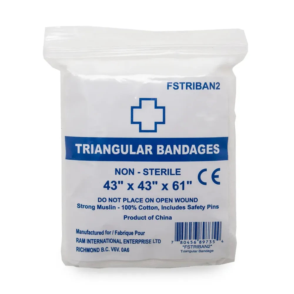 Non-sterile 43x43x61 inch cotton muslin triangular bandage in clear packaging featuring a blue medical cross and safety pins.