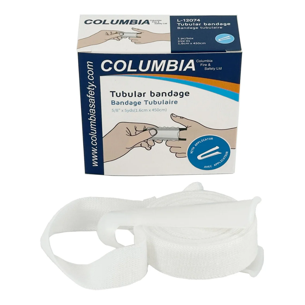 Close-up of the blue applicator and white tubular gauze for finger wound protection.