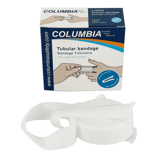 Close-up of the blue applicator and white tubular gauze for finger wound protection.