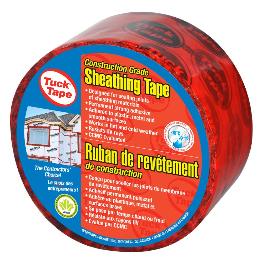 Single roll of red Tuck Tape construction grade sheathing tape designed for sealing joints with a permanent strong adhesive for plastic and metal.