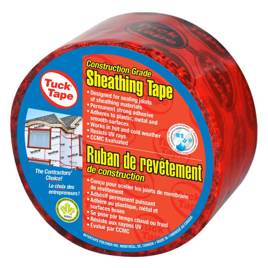 Single roll of red Tuck Tape construction grade sheathing tape designed for sealing joints with a permanent strong adhesive for plastic and metal.