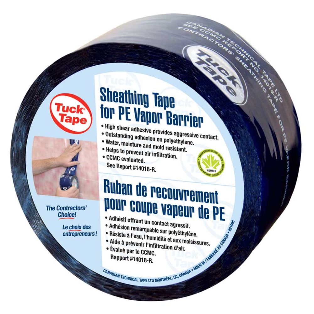 Single roll of blue Tuck 219 sheathing tape for PE vapour barriers, featuring white printed branding and CCMC evaluation details.