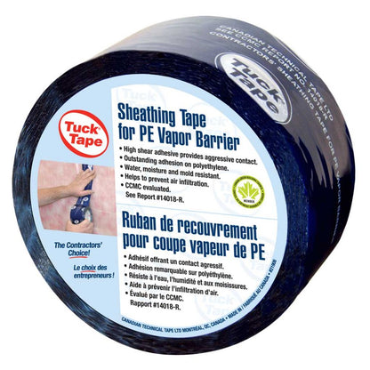 Single roll of blue Tuck 219 sheathing tape for PE vapour barriers, featuring white printed branding and CCMC evaluation details.