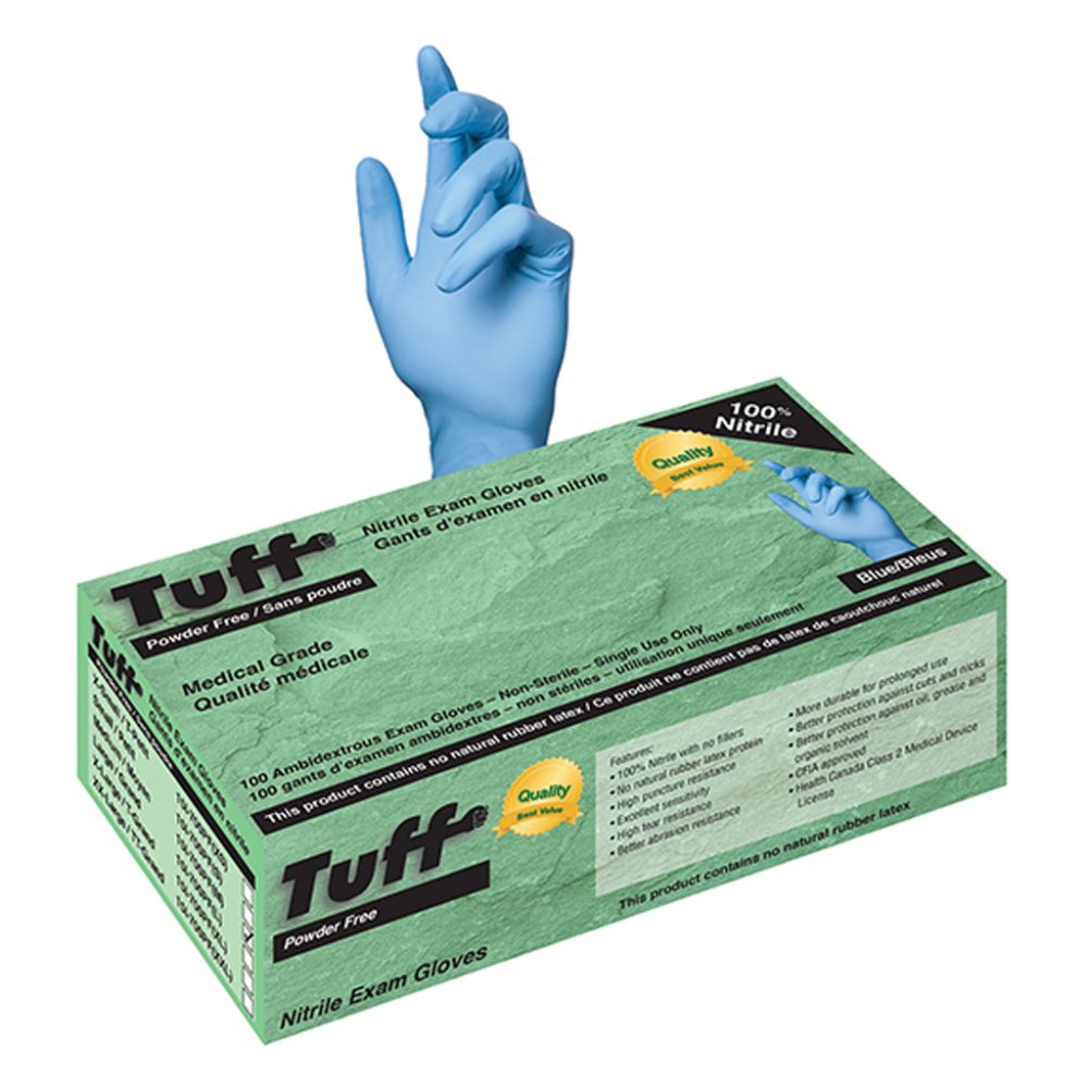 Tuff blue powder-free medical grade nitrile exam gloves with dispenser box, latex-free, large, 100-count