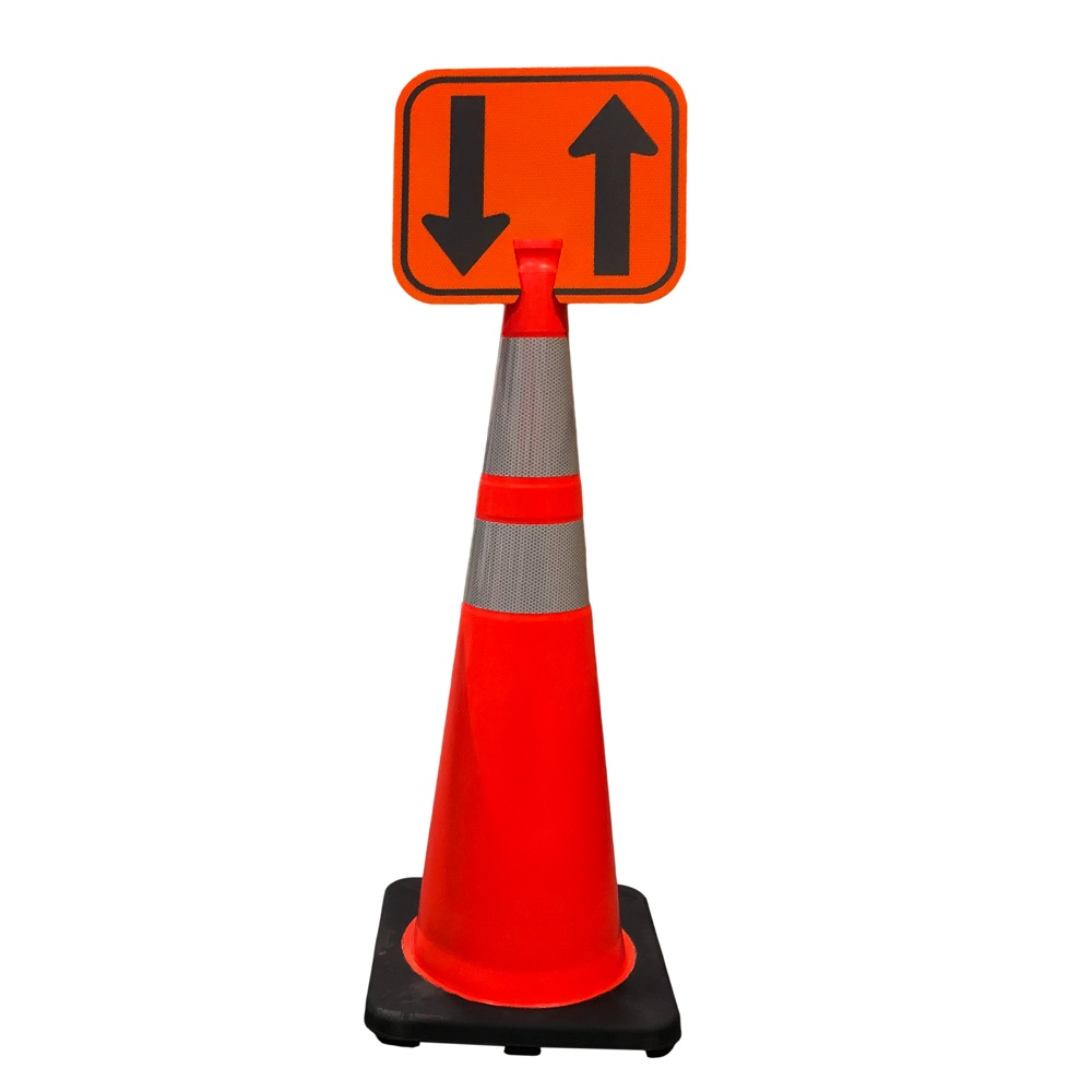 A LEO Tools two-way traffic arrow sign mounted on an 18-inch orange safety cone with a reflective collar.