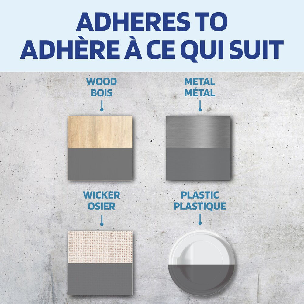 Infographic guide showing that the primer adheres safely to common surfaces including wood, metal, wicker, and plastic.