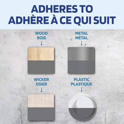 Infographic guide showing that the primer adheres safely to common surfaces including wood, metal, wicker, and plastic.