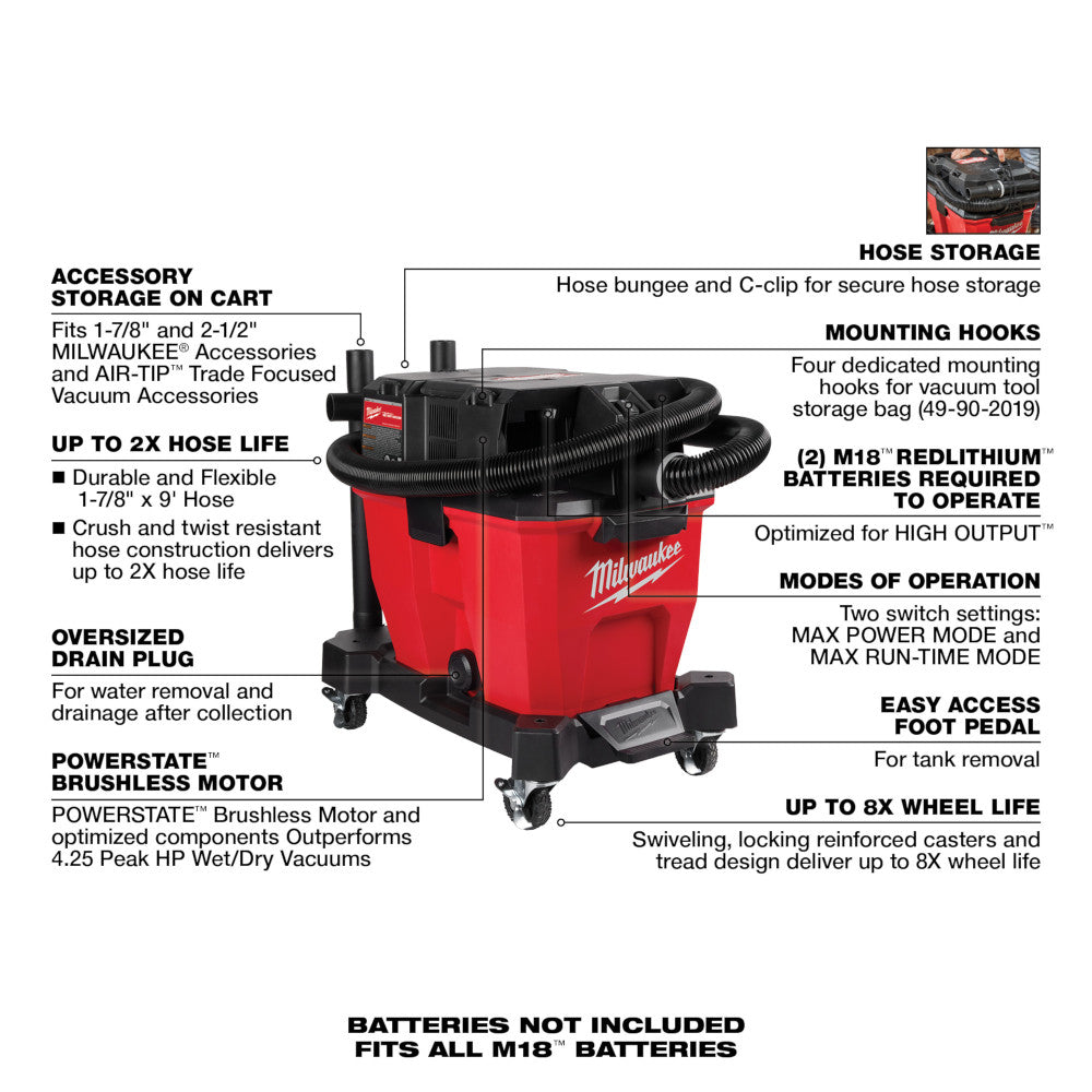 Milwaukee 0920-20 M18 FUEL Cordless Dual-Battery 9 Gal Brushless Wet/Dry Vacuum (Tool Only)