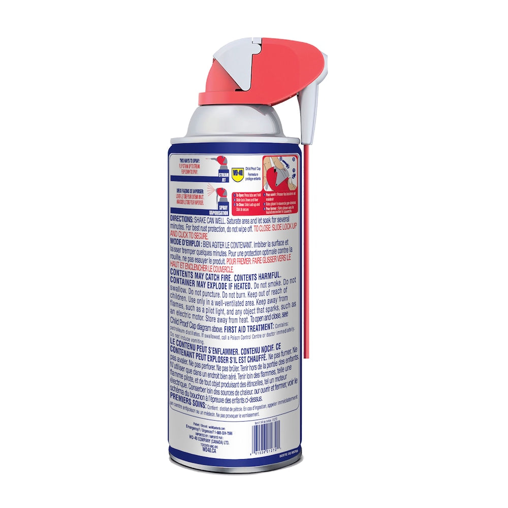 Back view of WD-40 325g Smart Straw can showing directions for use and safety warnings on a white background.