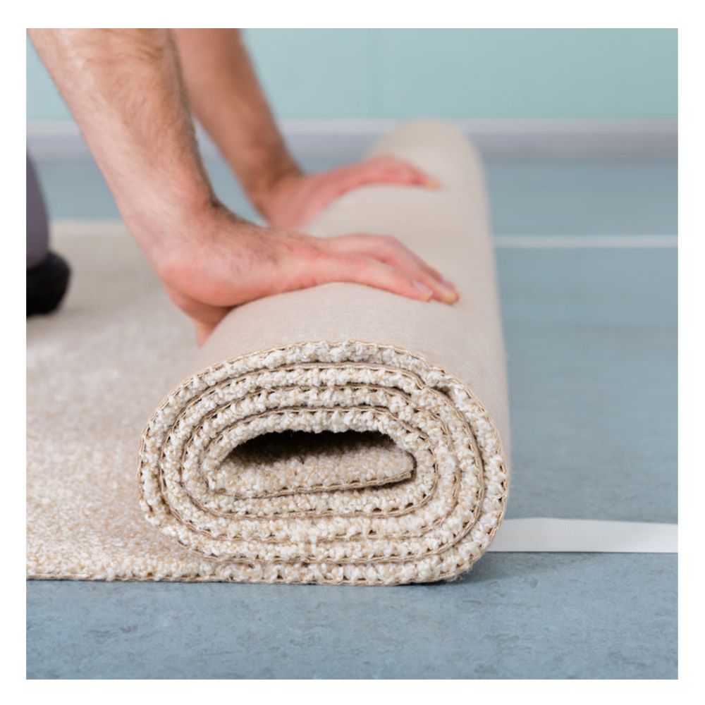 White cloth carpet tape double coated being used for carpet installation and floor bonding